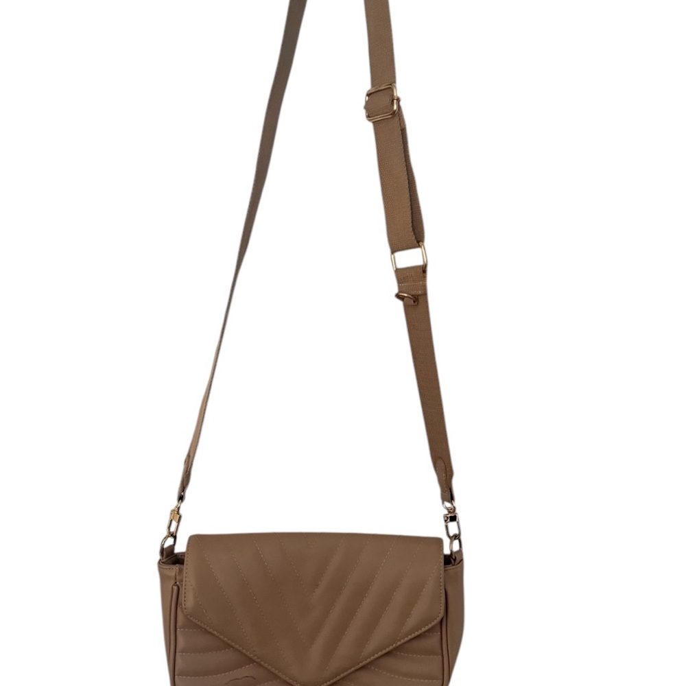 Tan Crossbody Bag with Flap Closure and Adjustable Strap